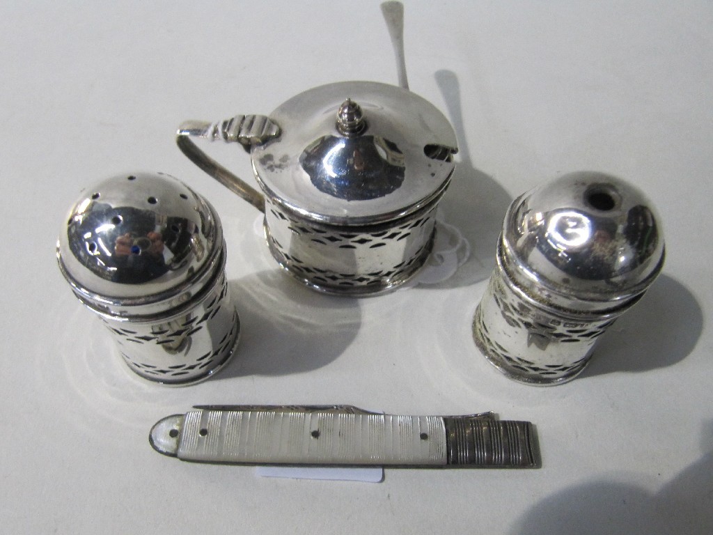 Appraisal: Lot comprising three piece silver condiment set and a fruit