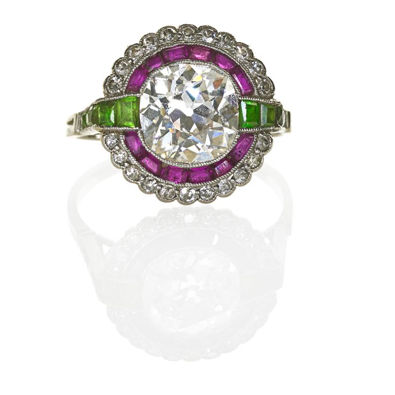 Appraisal: EARLY ART DECO DIAMOND AND GEMSTONE PLATINUM RING OEC cut