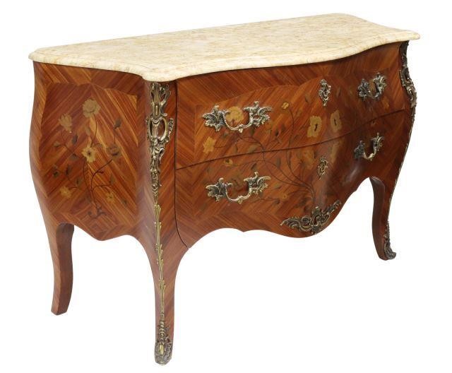 Appraisal: French Louis XV style marble top marquetry mahogany two drawer