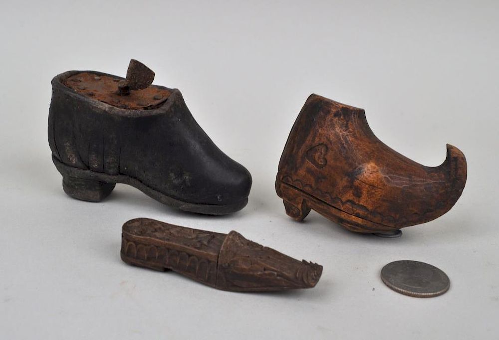 Appraisal: Three Early Continental Shoe Form Snuff Boxes comprising a leather