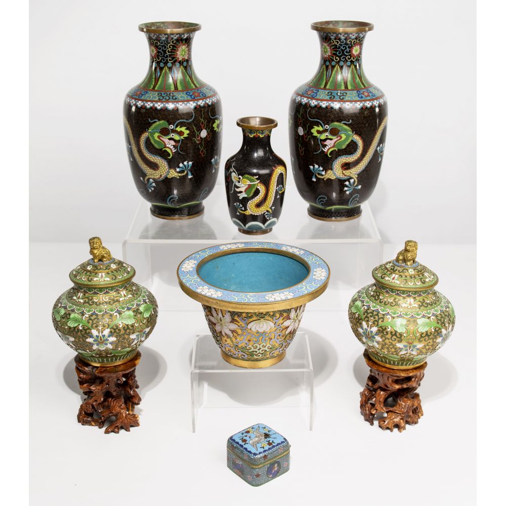 Appraisal: ASIAN CLOISONNE AND CHAMPLEVE ASSORTMENT items with cloisonne vases including