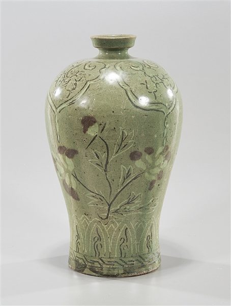 Appraisal: Korean celadon glazed vase with floral motif x approx Condition