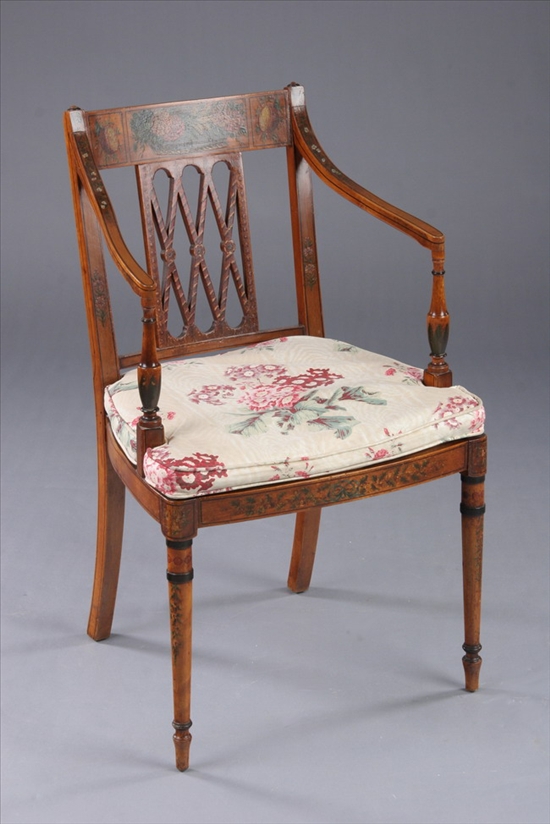 Appraisal: GEORGE III POLYCHROMED AND PAINTED ARMCHAIR Early th century Tablet