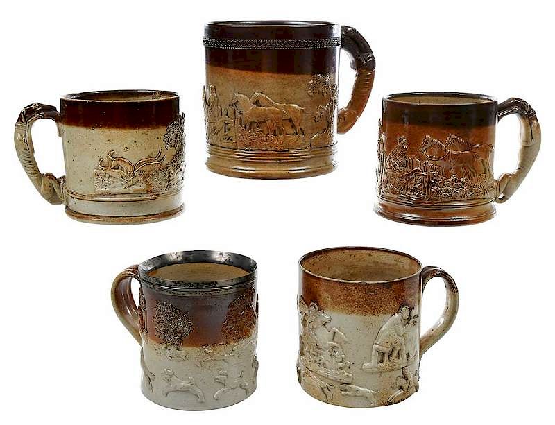 Appraisal: Five Oversize British Stoneware Tavern Mugs th century three with