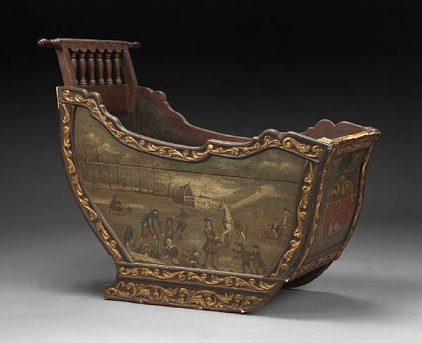 Appraisal: A Dutch parcel gilt and paint decorated oak sled probably