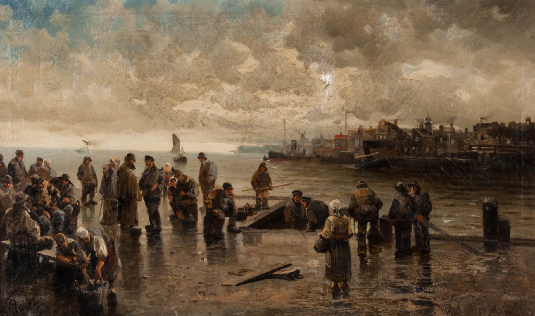 Appraisal: W Burke Fishermen at Shore oil on canvas late th