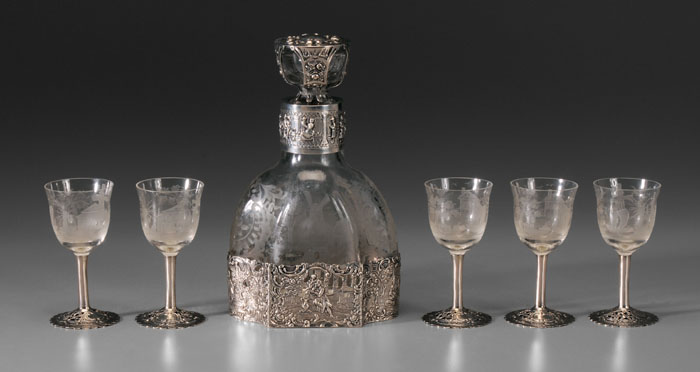 Appraisal: German Decanter Set th century glass with etched village and