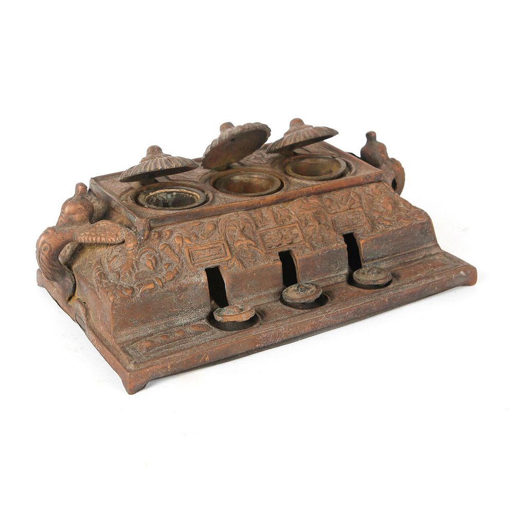 Appraisal: ASIAN BRONZE INKWELL POSSIBLY CHINESE wells with buttons to open