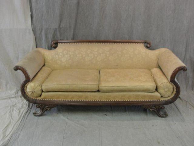 Appraisal: Empire Style Upholstered Scroll Arm Sofa As is From a