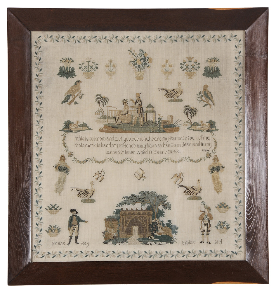 Appraisal: Needlework probably British two line verse under fishing scene stitched