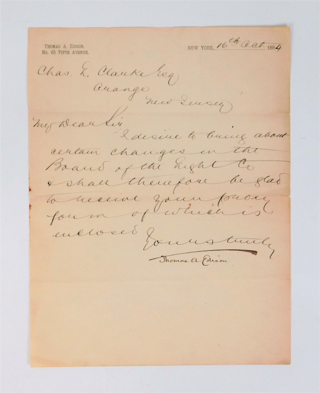 Appraisal: THOMAS EDISON SIGNED ELECTRIC LIGHT COMPANY LETTER United States Letter