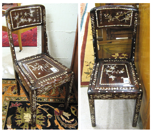 Appraisal: PAIR OF MOTHER-OF-PEARL INLAID ROSEWOOD SIDE CHAIRS Chinese early th