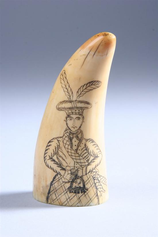 Appraisal: SCRIMSHAW DECORATED WHALE'S TOOTH Depicting figure of standing Scottish gentleman