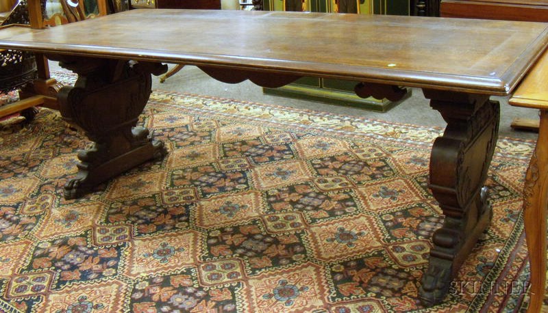 Appraisal: Carved Oak Trestle-base Refectory Table with Dolphin Feet ht lg