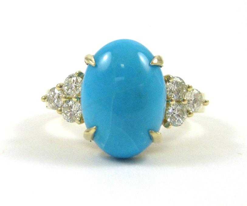 Appraisal: TURQUOISE DIAMOND AND FOURTEEN KARAT GOLD RING with three round-cut