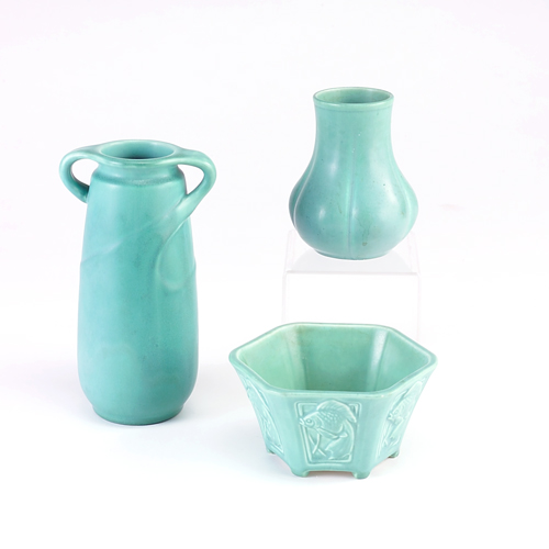 Appraisal: ROOKWOOD Three Production pieces covered in light green matte glaze