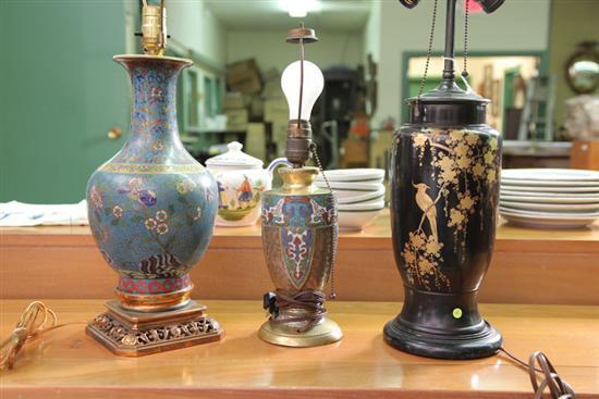 Appraisal: THREE ASIAN TABLE LAMPS Blue cloisonne h brass and enamel