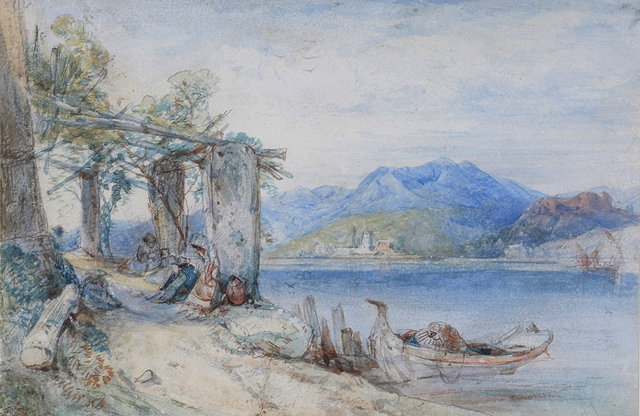 Appraisal: TH CENTURY ITALIAN SCHOOLA mountainous lakeside with figures resting on