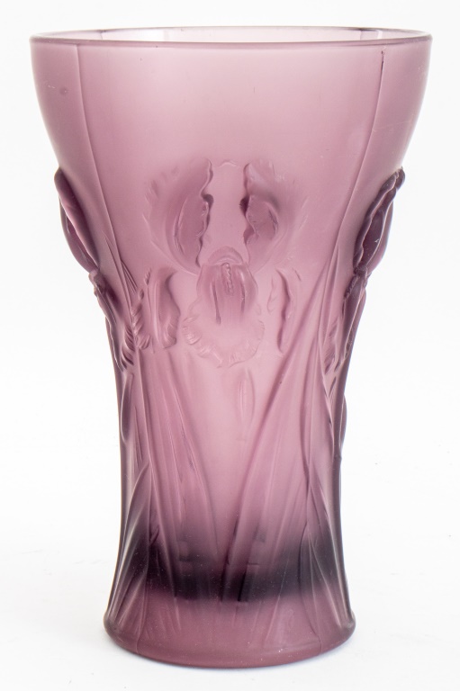 Appraisal: LALIQUE MANNER IRIS PURPLE FROSTED GLASS VASE Lalique manner purple