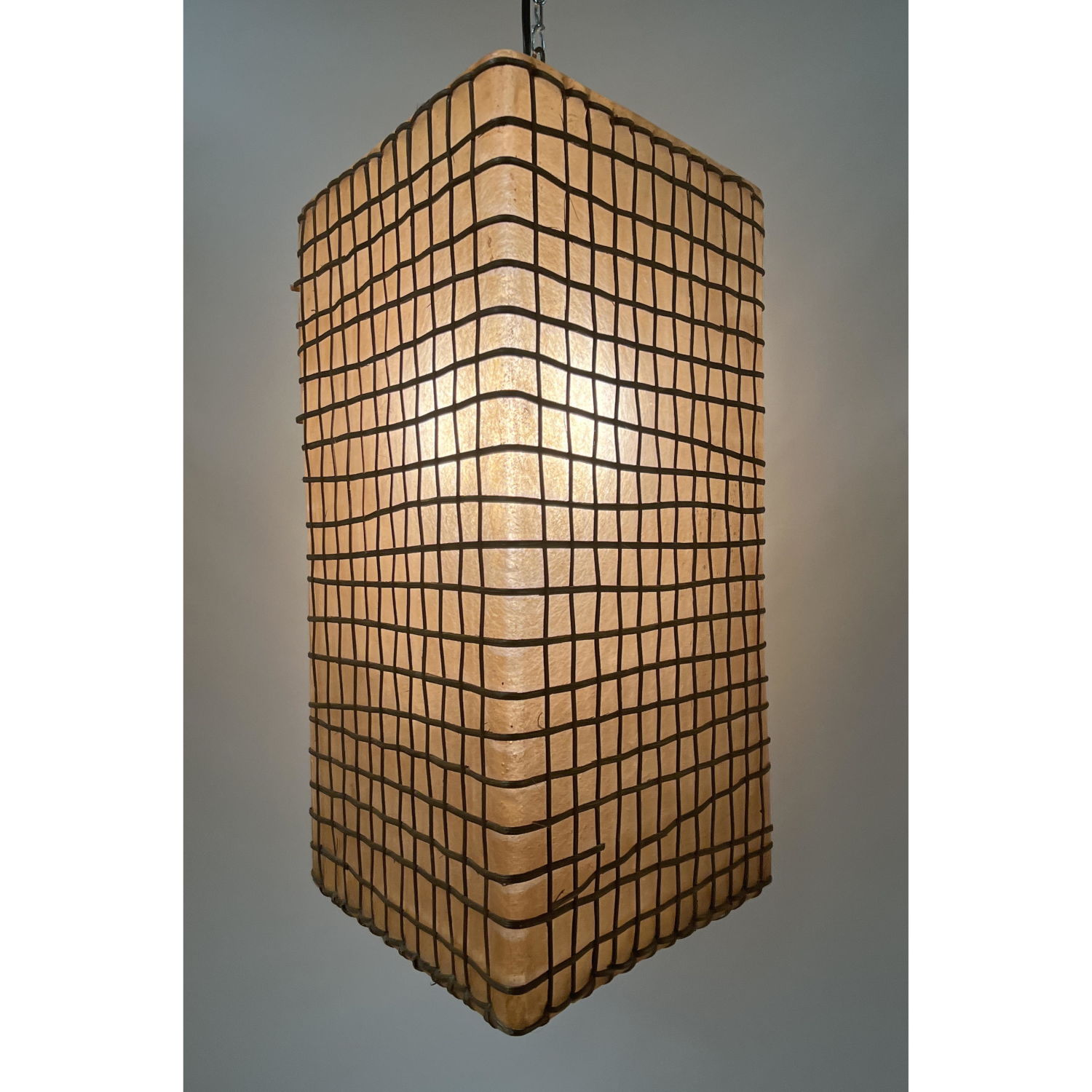 Appraisal: Large Triangular Hanging Pendant Modernist Lamp Woven Wicker Cage design