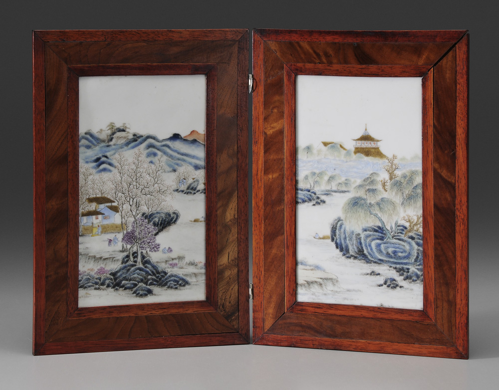 Appraisal: Porcelain Plaques in Folding Hardwood Frames Chinese th century two