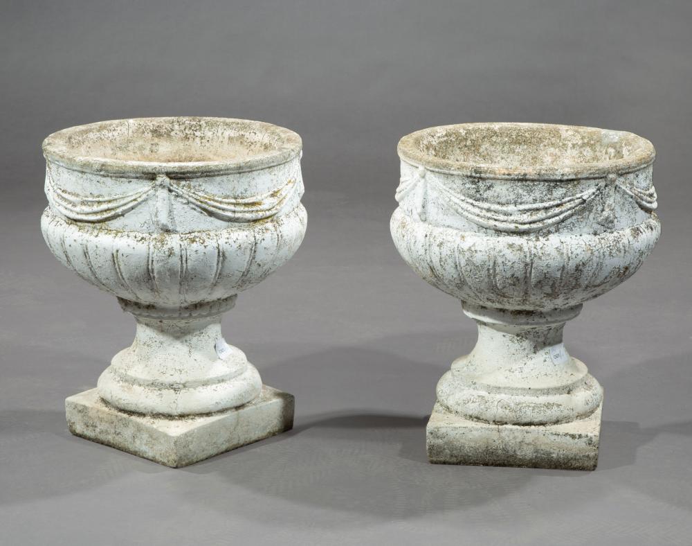 Appraisal: Pair of Painted Molded Stone Garden Urns swag decoration lobed