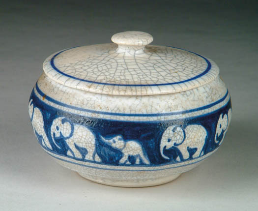 Appraisal: DEDHAM POTTERY COVERED SUGAR BOWL WITH ELEPHANT DECORATION Blue and