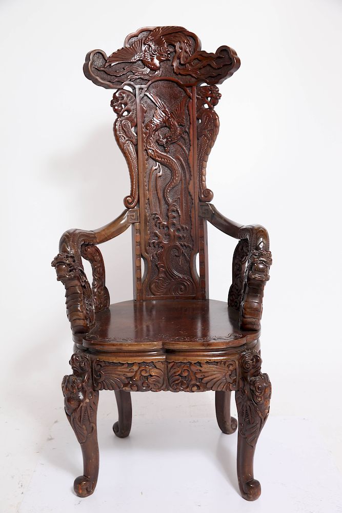 Appraisal: Chinese High-Back Carved Wood Chair Armchair Chinese high-back carved wood