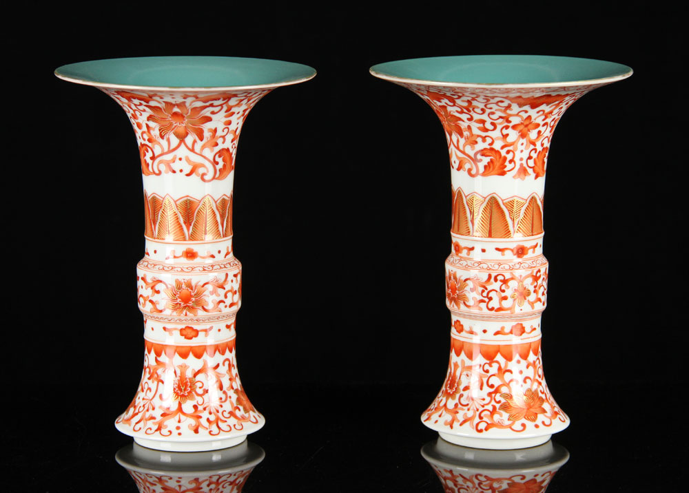 Appraisal: - Pr Chinese Gu Vases Pair of Chinese red glazed