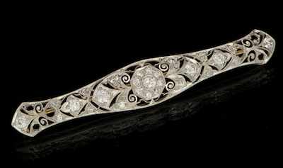 Appraisal: A Platinum and Diamond Bar Brooch Platinum filigree bar brooch