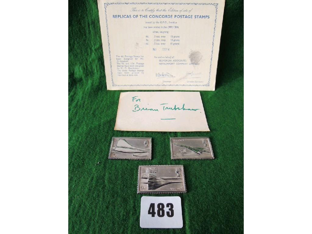 Appraisal: Three silver replica Concorde stamps each weighing half a troy