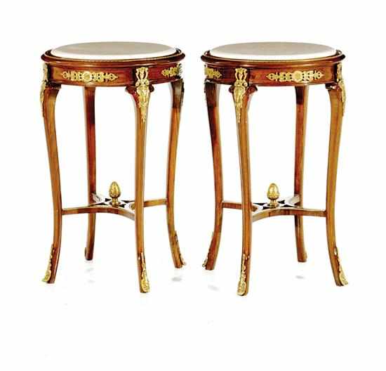 Appraisal: Pair Louis XV style walnut and marbletop side tables circular