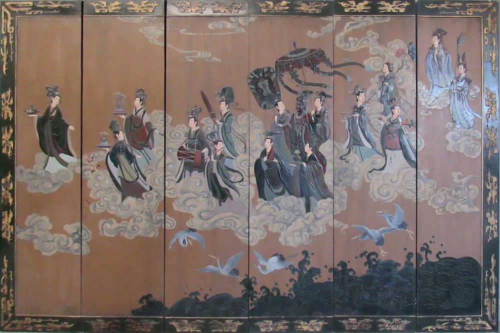 Appraisal: Midcentury Chinese Six Panel Floor Screen Depicting a heavenly procession