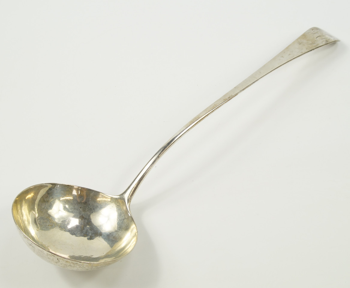 Appraisal: A Georgian silver soup ladle monogram engraved possibly London oz