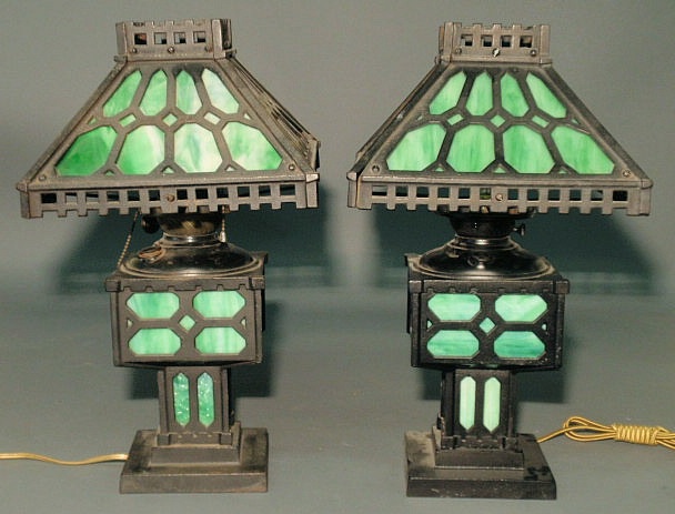 Appraisal: Pair of Art Deco metal and slag glass lamps each