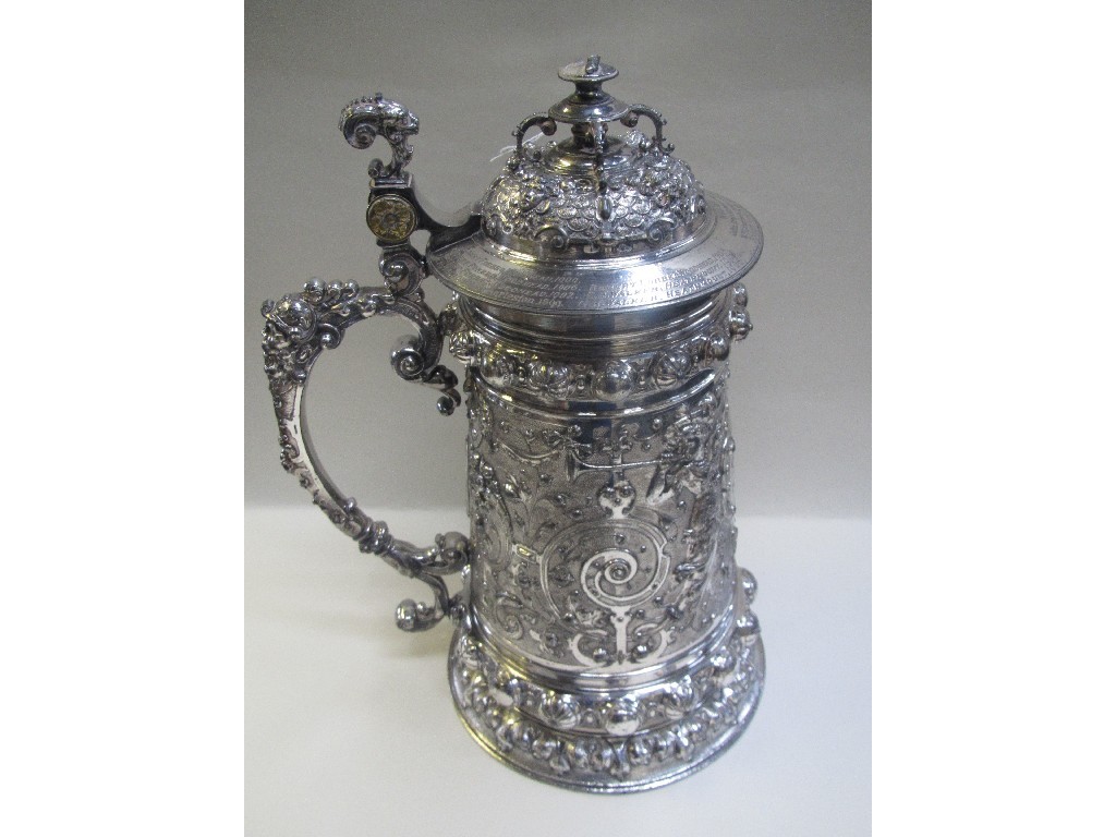 Appraisal: Large Victorian embossed silver plate trophy tankard finial off 'Inverness