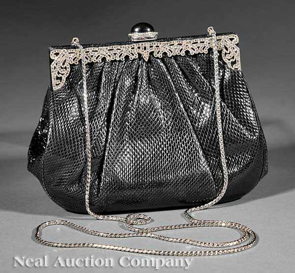 Appraisal: A Judith Leiber Black Lizardskin Evening Bag cabochon jeweled closure