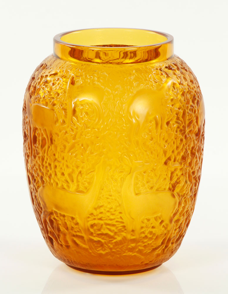 Appraisal: - Lalique Biches Vase Lalique Biches gazelles amber vase signed