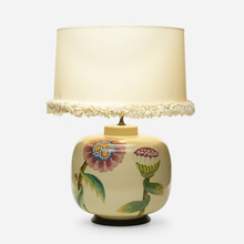 Appraisal: TABLE LAMP glazed porcelain paper wool painted metal h dia