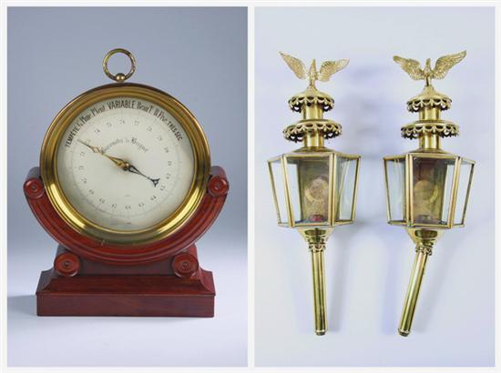 Appraisal: FRENCH BRASS-CASED BAROMETER ON WOOD STAND AND PAIR BRASS COACH