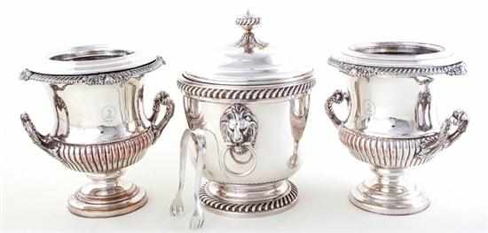 Appraisal: Pair English Sheffield plate wine coolers and covered ice pail