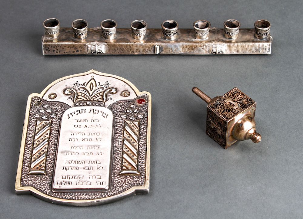 Appraisal: Judaica Silver Menorah Dreidel Plaque Group of Group of three