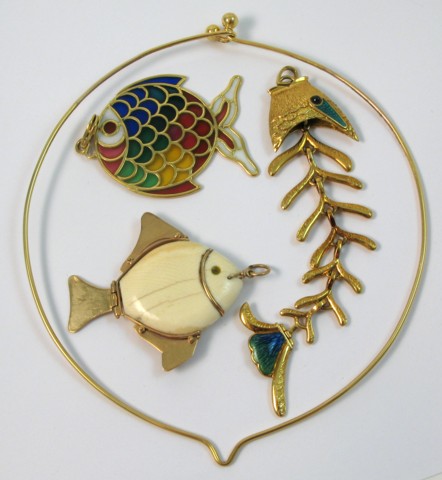 Appraisal: GOLD CHOKER AND THREE FISH PENDANTS two pendants with colored