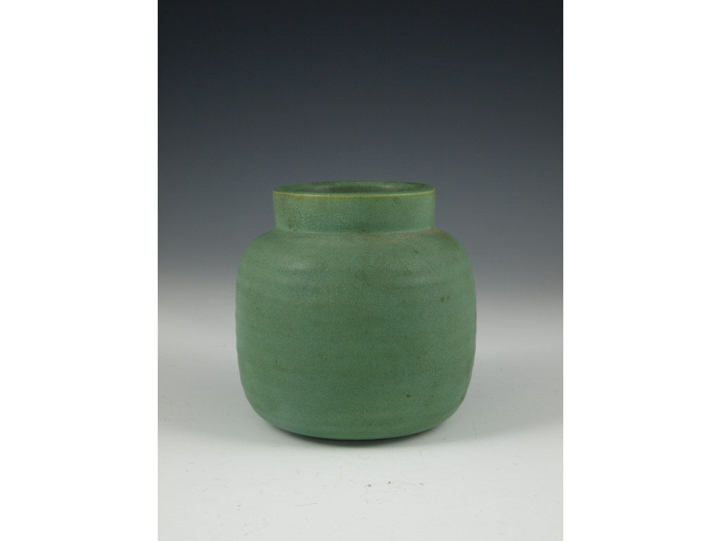 Appraisal: Teco Pottery Vase in matte green glaze architectonic ribbed form