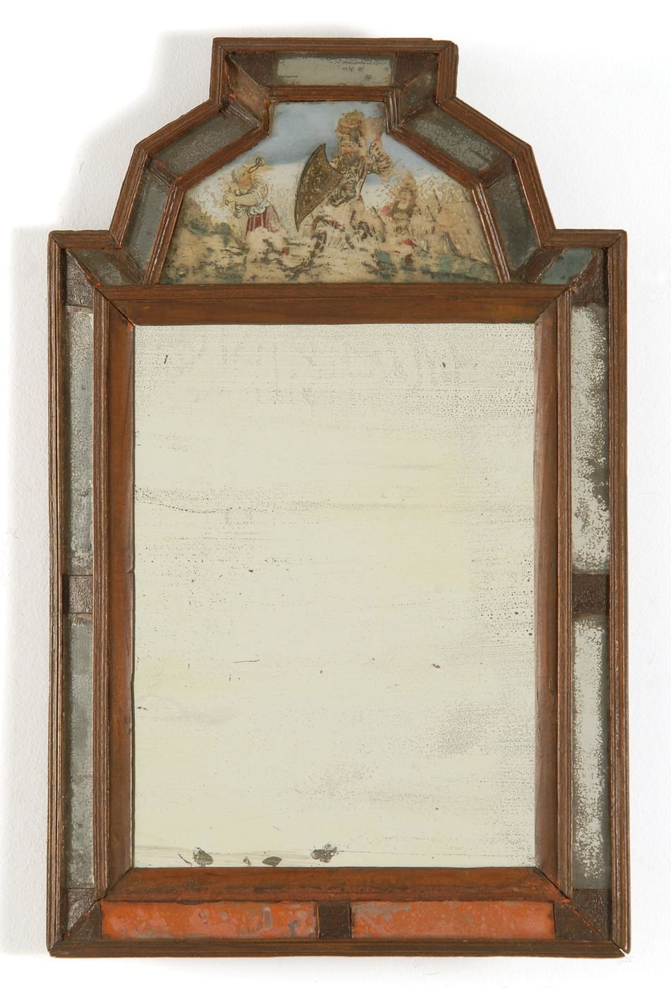 Appraisal: ANTIQUE COURTING MIRROR th CenturyIn pine with reverse-painted upper tablet