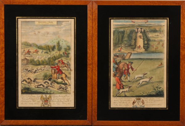 Appraisal: Pair of hand-colored copper-plate engravings Print titled Hunting the Hare