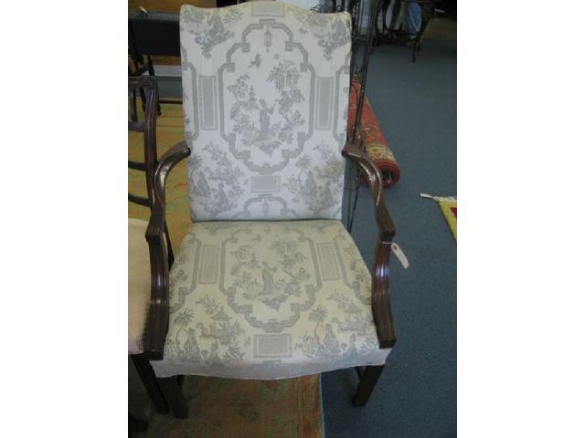 Appraisal: Mahogany Arm Chair silk brocade with Chinese Chippendale style decor