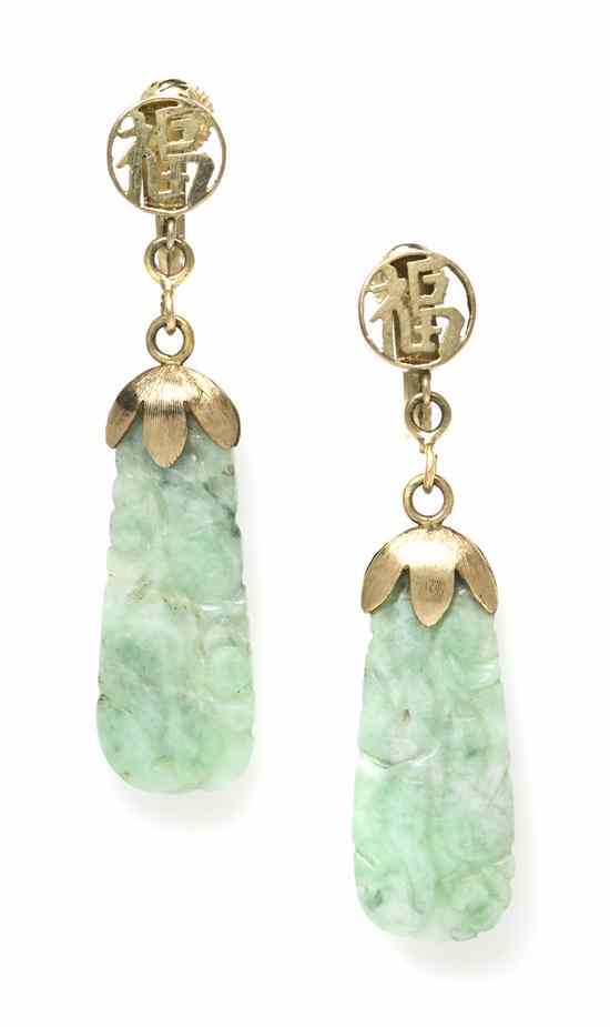 Appraisal: A Pair of Karat Yellow Gold and Jade Dangle Earrings