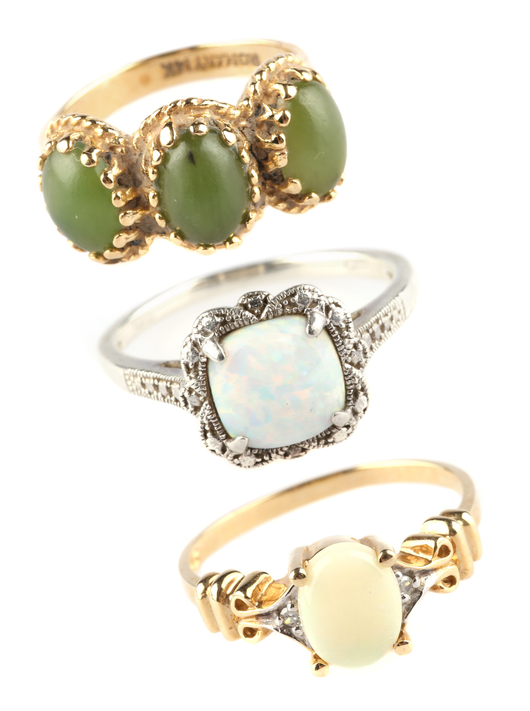 Appraisal: A Trio of Rings K three stone jade ring size