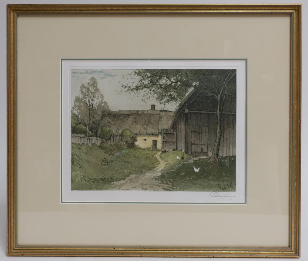 Appraisal: Jos Eidenberger Color Etching of Barn Jos Eidenberger Austrian -